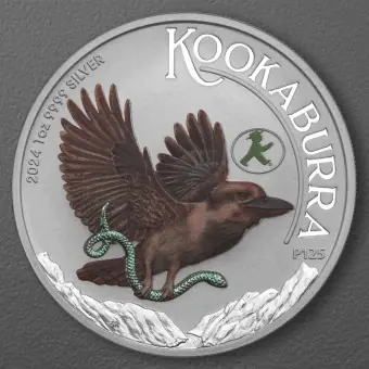 Silbermünze 1oz "Kookaburra" 2024 (koloriert) World Money Fair - Coin Show Special (Australien) Beliebt