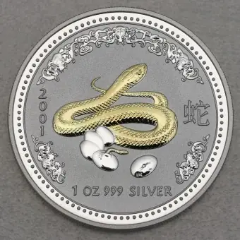 Versand Am Gleichen Tag Silbermünze 1oz "Schlange" 2001 (vergoldet) Lunar I – Year of the Snake (Australien)