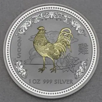 Neu Im Sortiment Silbermünze 1oz "Hahn" 2005 (vergoldet) Lunar I – Year of the Rooster (Australien)