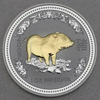 Bestseller Silbermünze 1oz "Schwein" 2007 (vergoldet) Lunar I – Year of the Pig (Australien)