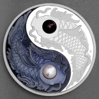 Silbermünze 5oz "Yin Yang Koi" 2024 (PP/koloriert) mit 2 echten Süßwasserperlen (Tuvalu) Abverkauf