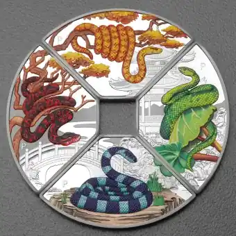 Solange Der Vorrat Reicht Silbermünze 4 x 1oz "Schlange" 2025 (PP/koloriert) Set – 4-teilig Quadrant (Tuvalu)