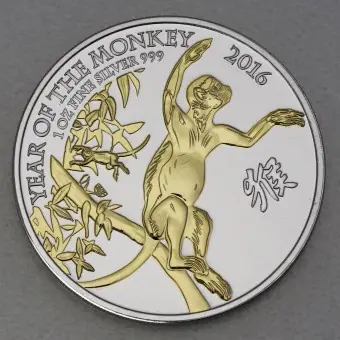 Neue Ware Silbermünze 1oz "Affe" 2016 (vergoldet) Lunar – Year of the Monkey (Großbritannien)