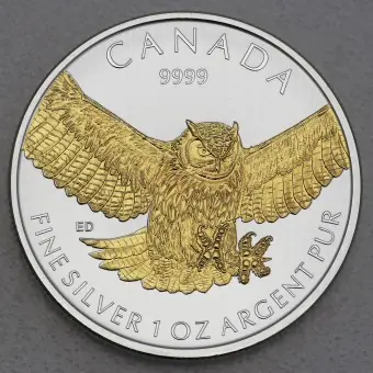 Gratis Versand Silbermünze 1oz "Great Horned Owl" 2015 vergoldet Birds of Prey (Kanada)