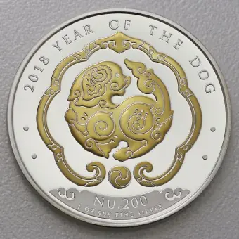 Schnäppchen Silbermünze 1oz "Hund" 2018 (vergoldet) Lunar – Year of the Dog (Bhutan)