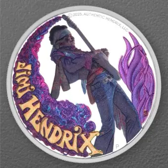 Gratis Versand Silbermünze 1oz "Jimi Hendrix" 2025 (PP/koloriert) (Tuvalu)