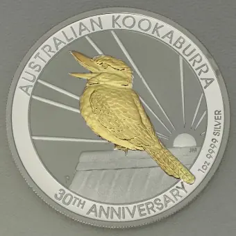 Silbermünze 1oz "Kookaburra" 2020 (vergoldet) 30th Anniversary World Money Fair (Australien) Top-Seller