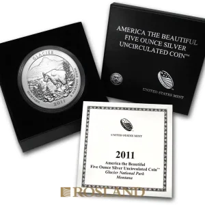 Versand Am Gleichen Tag 5 Unzen Silbermünze ATB Glacier National Park 2011 P (Box, Zertifikat)