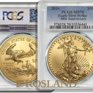 1 Unze Goldmünze American Eagle 2016 30 Jahre Jubiläum PCGS MS-70 (FS) Neue Ware