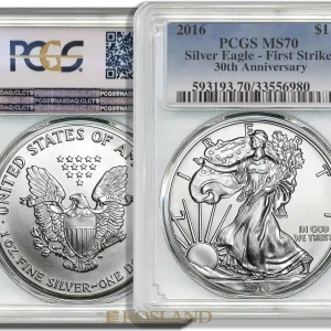 Meistverkauft 1 Unze Silbermünze American Eagle 2016 30 Jahre Jubiläum PCGS MS-70 First Strike