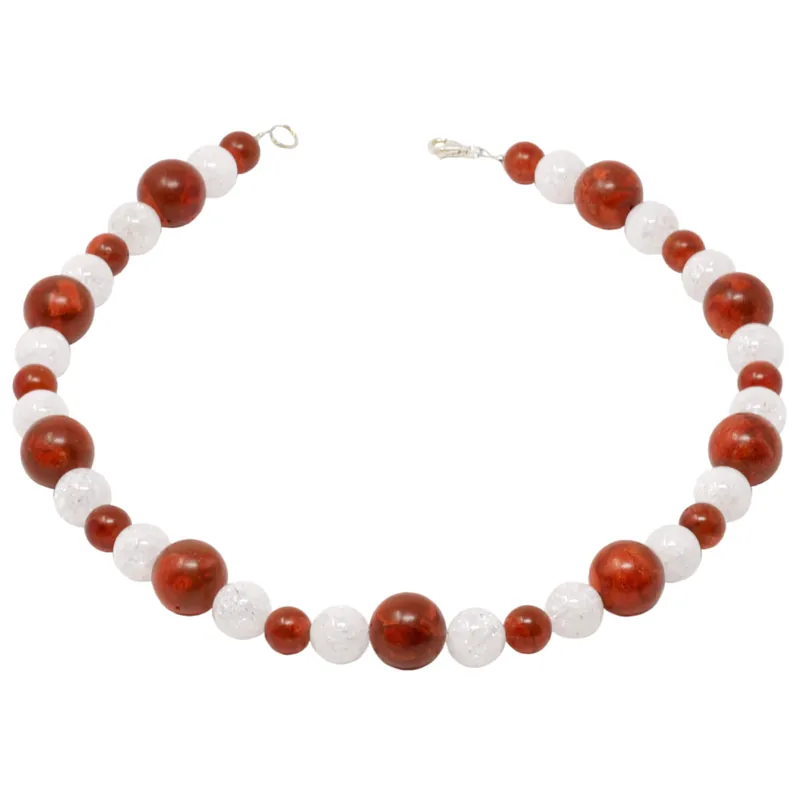 Gleich Bestellen Halskette Collier Koralle Schaumkoralle & Bergkristall braun-rot-weiß 925 Silber
