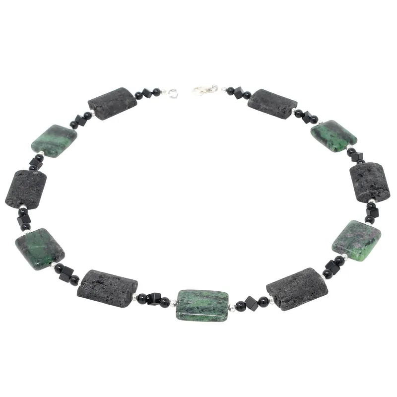 Kette Collier aus Rubin-Zoisit & Lava & Onyx schwarz-grün 925 Silber Halskette Markenware