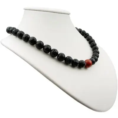 Kette Collier aus Lava & Schaumkoralle, schwarz-rot, 925 Silber Weltweiter Versand
