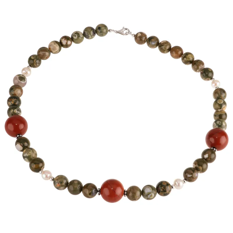 Kostenloser Rückversand Kette Collier aus Rhyolith & Rot-Jaspis & Perlen & 925 Silber