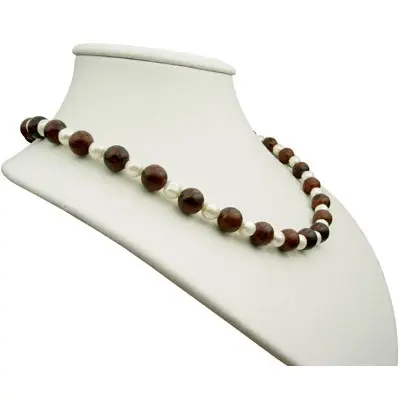 Mengenrabatt Kette Collier, Mahagoni Obsidian & Perlen, 925 Silber, braun-schwarz weiß