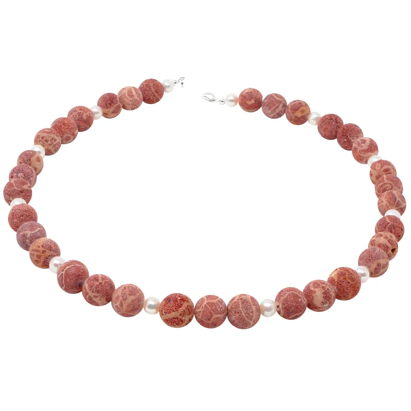 Sonderangebot Kette Collier Natur-Koralle mit Poren & Süßwasser-Perlen 925 Silber rot-orange