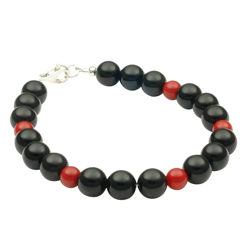 Zertifiziert Armband aus Onyx & Koralle, 925 Silber, schwarz rot, 20cm Armkette Armschmuck