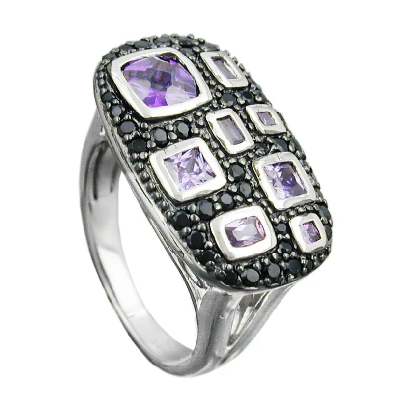 Versand Am Gleichen Tag Damenring Zirkonia lila-schwarz flache Viereckform 925 Silber