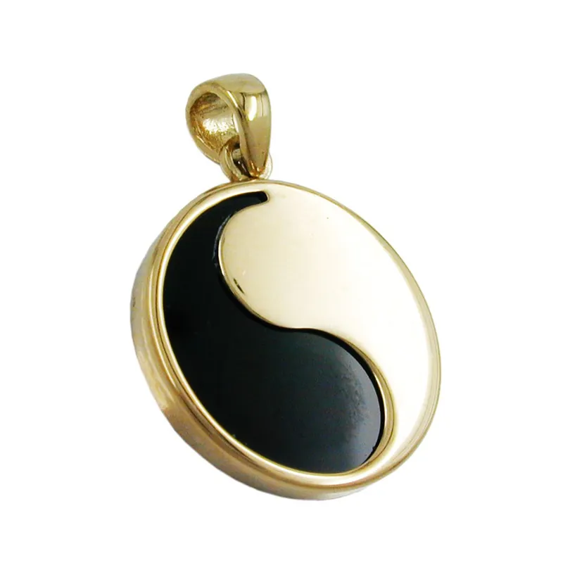 Zertifiziert Schmuck Anhänger 16mm Yin-Yang Onyx & 375 Gelbgold Halsschmuck Medaille Unisex