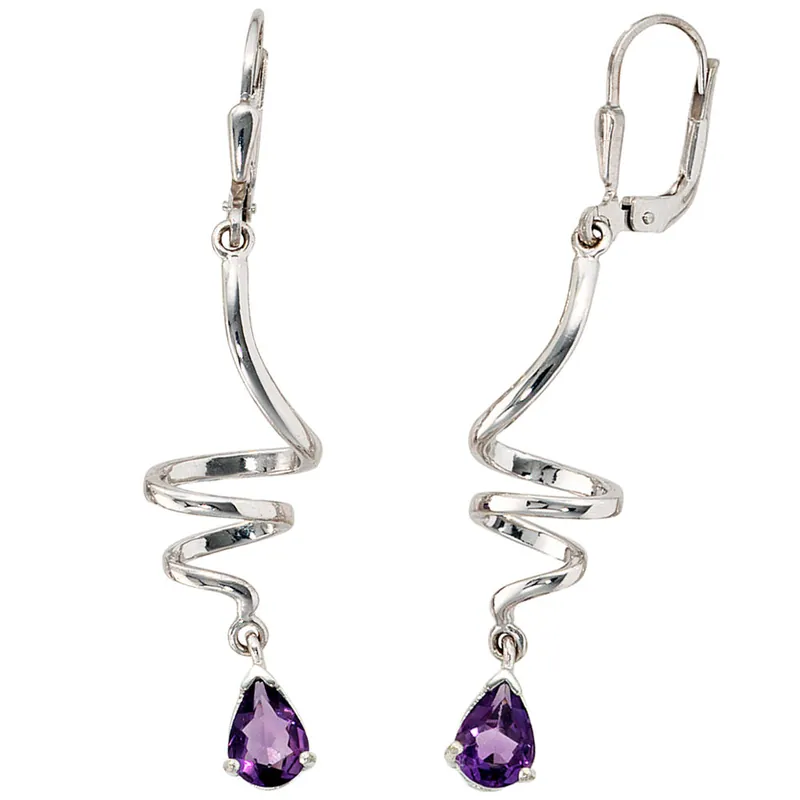 Zertifiziert Ohrringe Ohrhänger 11,2x49mm Boutons Amethyst Tropfen 925 Silber Silberohrringe