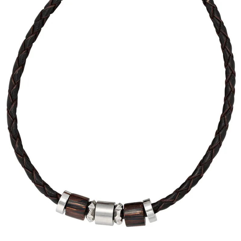 Bestpreis 8,3mm Collier Ledercollier, Edelstahl und Holzelementen, Unisex, 45cm