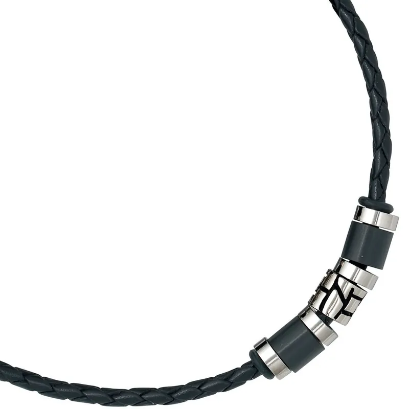 9mm Collier Leder mit Edelstahl kombiniert, geschwärzt, Unisex, 45cm Top-Qualität
