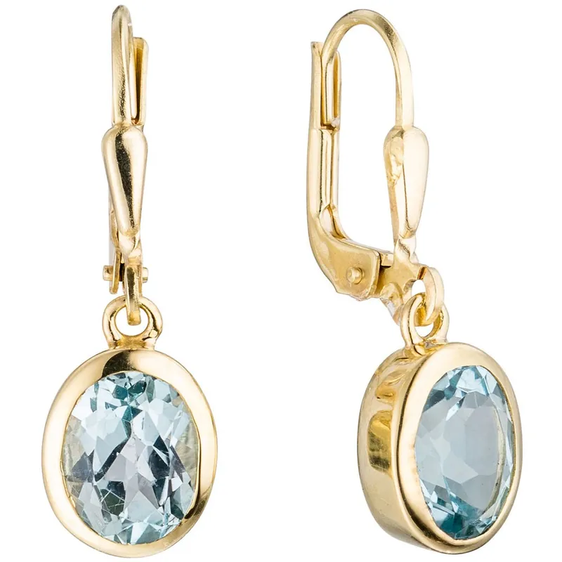 Zertifiziert Paar Ohrringe Ohrhänger 7,5x24,5mm Boutons Blautopas hellblau 333 Gold Gelbgold