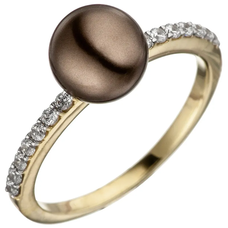 Weltweiter Versand Ring Damenring mit Perle braun & Zirkonia weiß 333 Gold Gelbgold bicolor