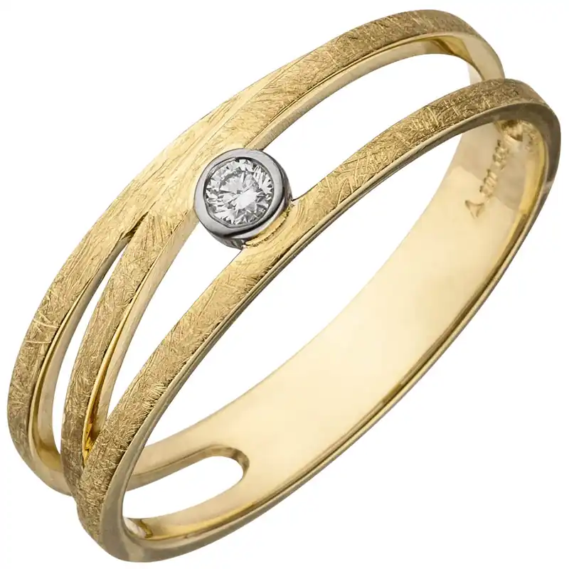 Weltweiter Versand Ring 585 Gold Gelbgold teil-eismatt Diamant Brillant 0,05 Ct Damen