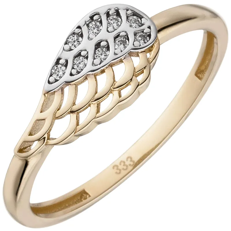 Zertifiziert Ring Flügel aus 333 Gold Gelbgold bicolor mit 9 Zirkonia Fingerring Damen