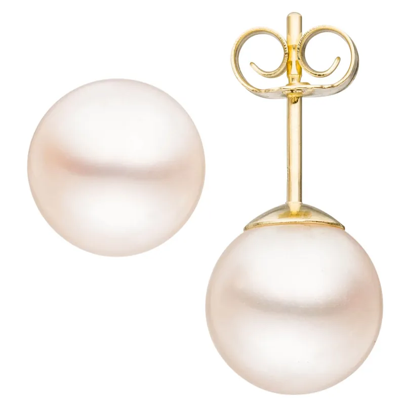Zertifiziert Paar Ohrstecker mit Süßwasser Perlen 8,5mm 585 Gold Gelbgold Ohrschmuck Damen