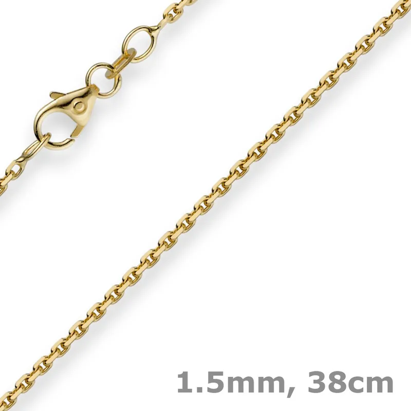 1,5mm Kette Collier Ankerkette Halskette, 585 Gold Gelbgold, 38cm Unisex Zertifiziert