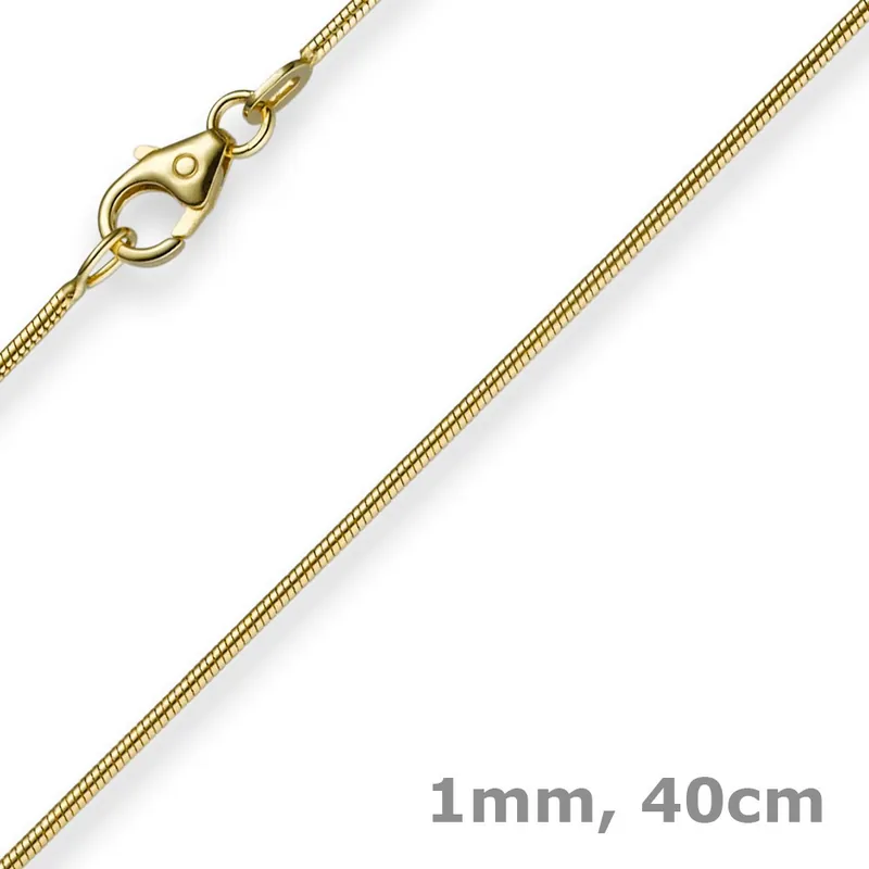 Weltweiter Versand 1mm Schlangenkette Kette Collier aus 750 Gold Gelbgold, Goldkette 40cm