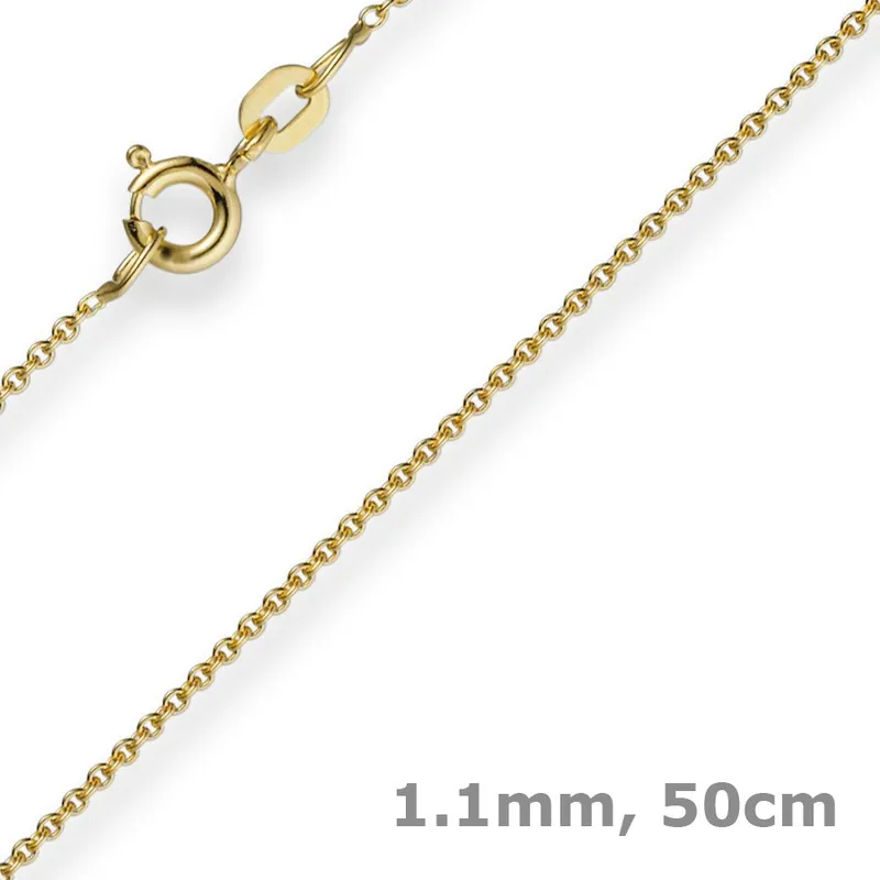 1,1mm Rund-Ankerkette Kette Collier, 585 Gold Gelbgold Goldkette, 50cm Handgefertigt
