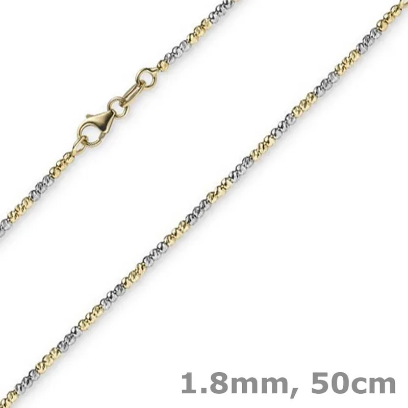 1,8mm Kette Collier Kugelkette diamantiert aus 750 Gold Gelbgold Weißgold, 50cm Garantierte Lieferung