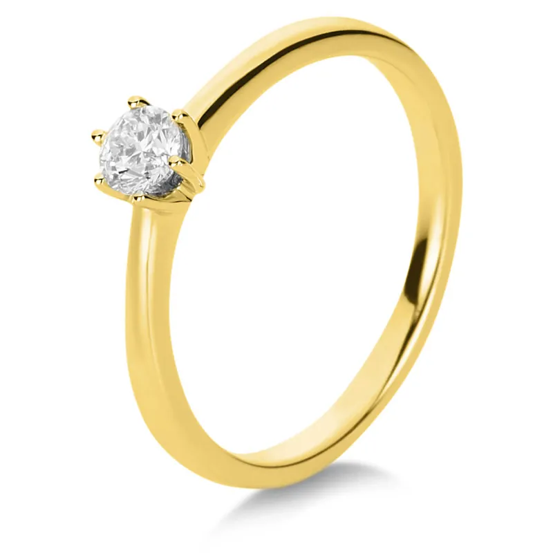 Weltweiter Versand Solitär Ring Damenring 750 Gold Gelbgold mit Diamant Brillant 0,15 Ct 6er-Krappe