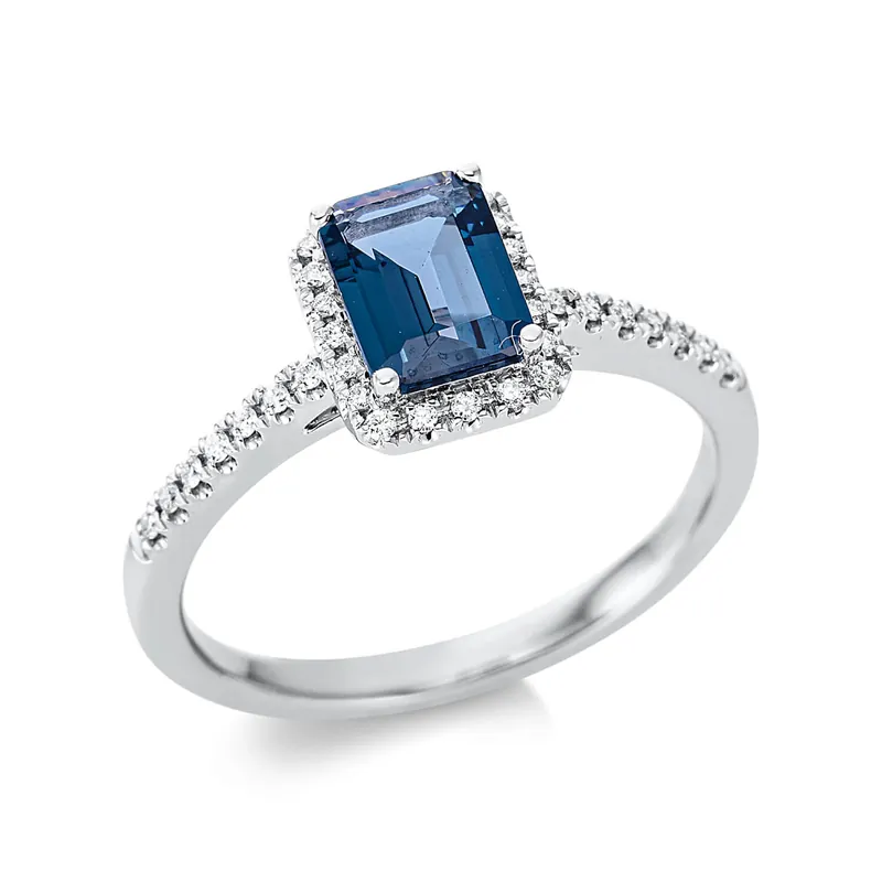 Zertifiziert Ring aus 750 Weißgold Topas 1,08ct London Blue 34 Brillanten 0,11ct TW-SI B:8,4mm