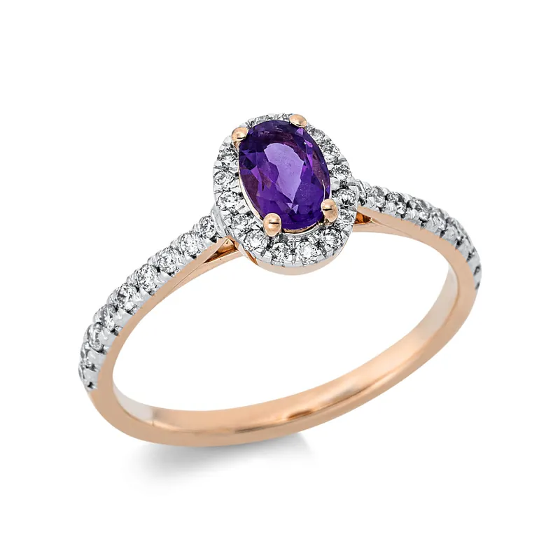 Wochenendangebot Ring Oval aus 750 Rotgold Amethyst 0,38ct lila 34 Brillanten 0,27ct TW-SI B:8,4mm