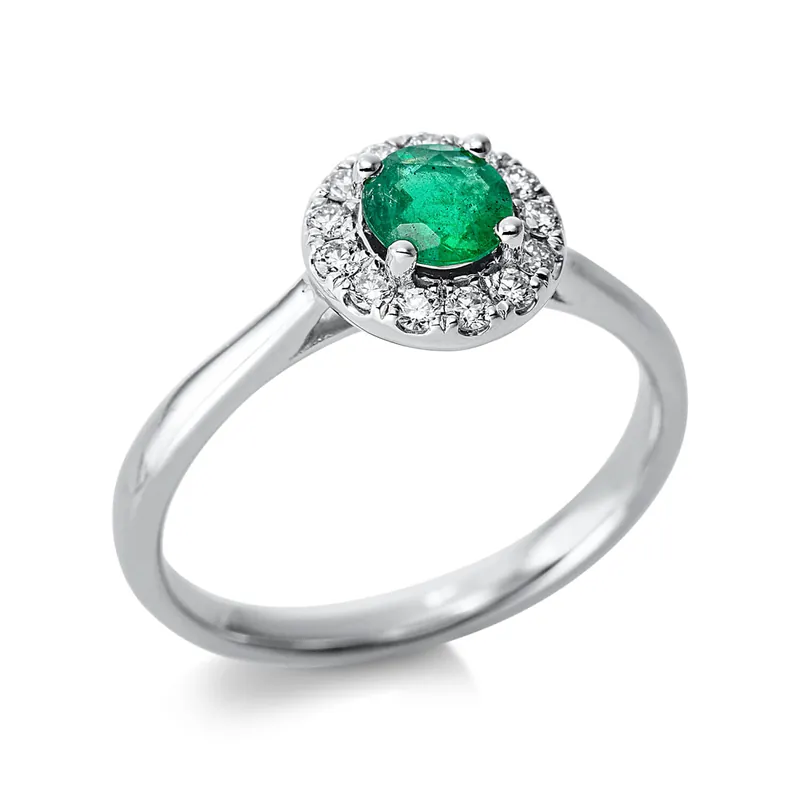 Versand Am Gleichen Tag Ring aus 750 Weißgold Smaragd 0,47ct grün 13 Brillanten 0,17ct TW-SI Ø8,3mm