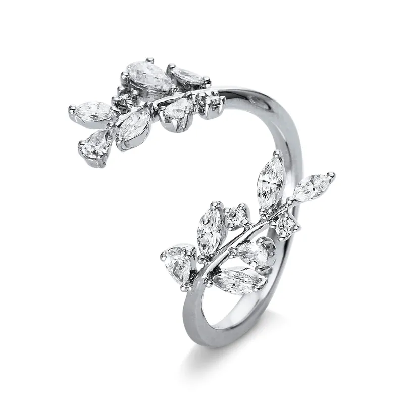 Wochenendangebot Ring offen Blumenzweig aus 750 Weißgold 16 Diamanten 0,77ct TW-SI B:22,7mm