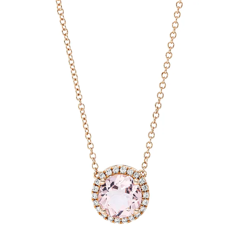 Weltweiter Versand Collier rund aus 750 Rotgold Morganit 1,4ct rosa 22 Brillanten 0,1ct TW-SI L:43,2cm