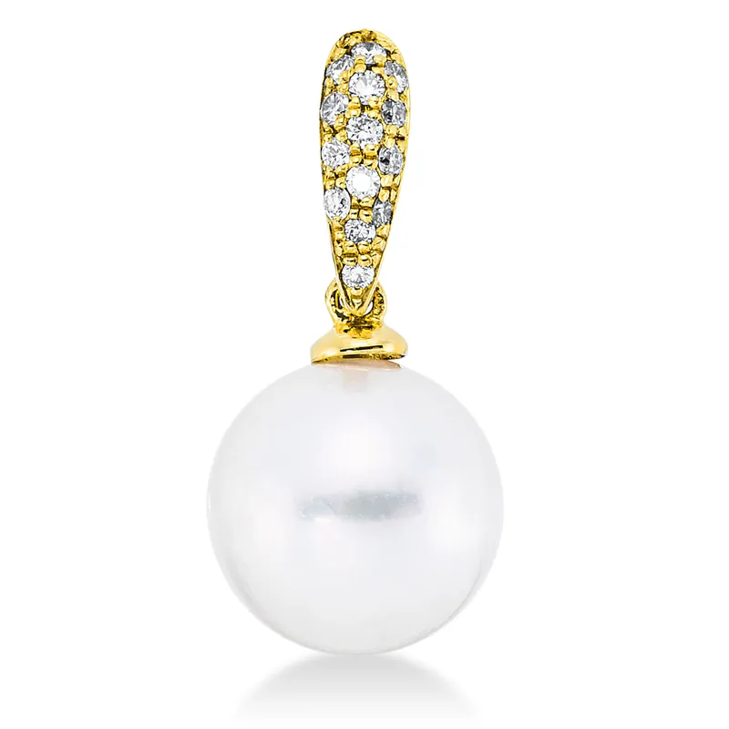 Direkt Vom Hersteller Anhänger aus 750 Gelbgold Südsee-Perle 9mm weiß 14 Brillanten 0,1ct TW-SI