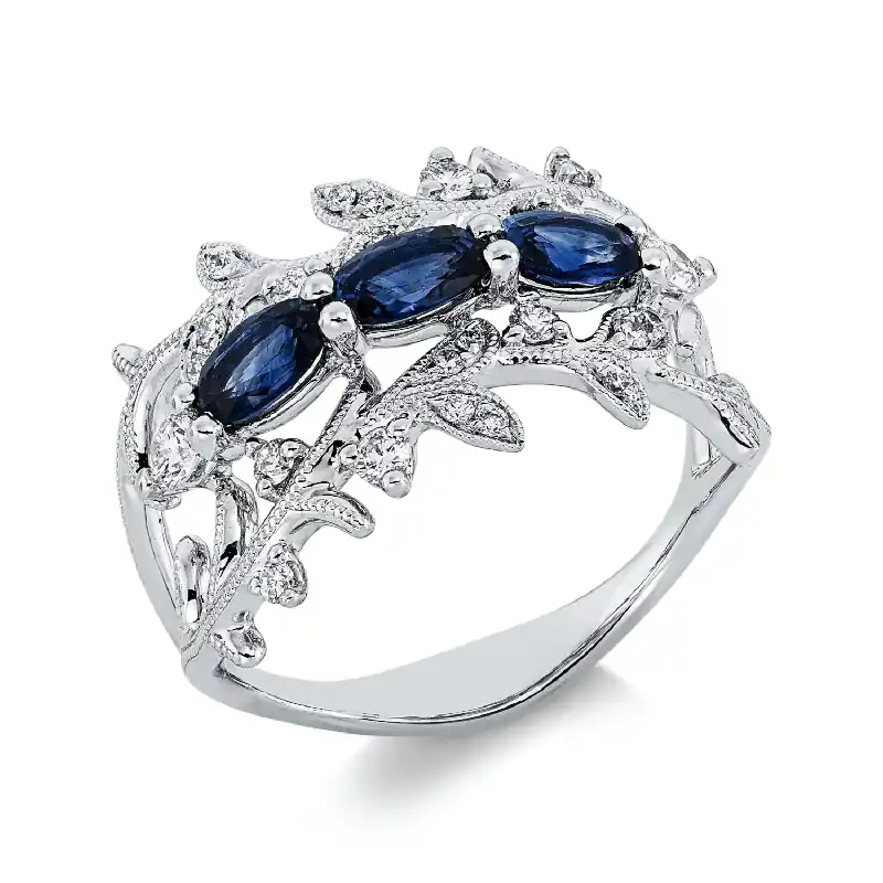 Zertifiziert Ring aus 750 Weißgold 3 Saphire 0,91ct blau 24 Brillanten 0,31ct TW-SI H:13,2mm