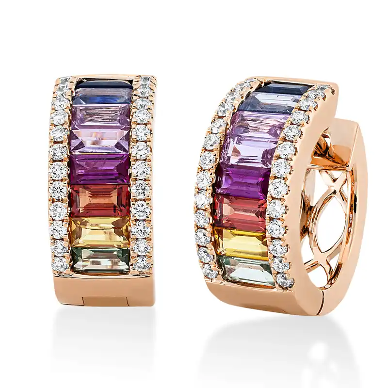 Zertifiziert Creolen aus 750 Rotgold 16 Saphire 2,49ct mehrfarbig 52 Brillanten 0,39ct TW-SI