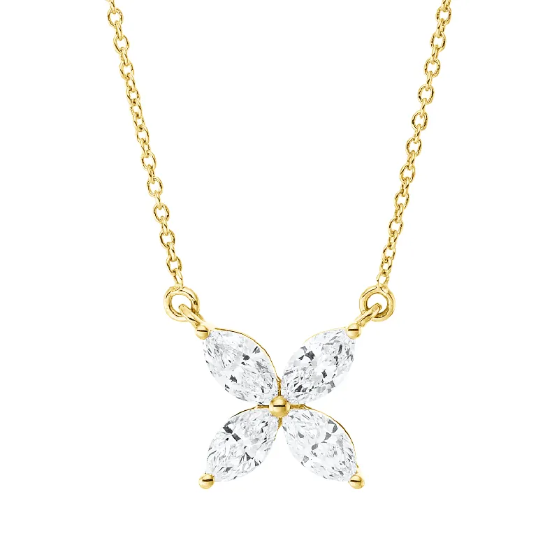 Versand Am Gleichen Tag Collier Blume aus 750 Gelbgold 4 Diamanten Navette-Schliff 0,37ct TW-SI L:45cm