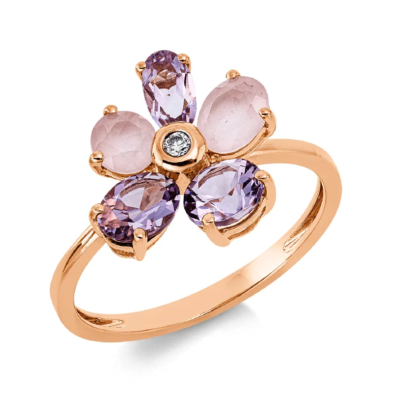 Zertifiziert Ring Blume aus 750 Rotgold 5 Rosenquarze 1,8ct rosé Brillant 0,03ct TW-SI B:12mm