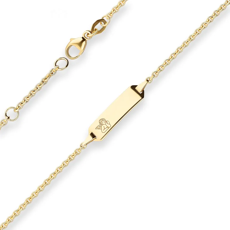 Zertifiziert Id-Armband Rund-Ankerkette Schildband, Engel aus 750 Gold Gelbgold 14cm
