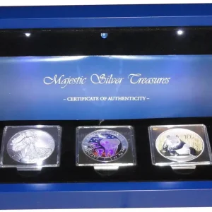 Markenware Majestic Silber Treasures 3 x 1 Oz Silber China Panda, Somalia Elefant u. USA Silber Eagle