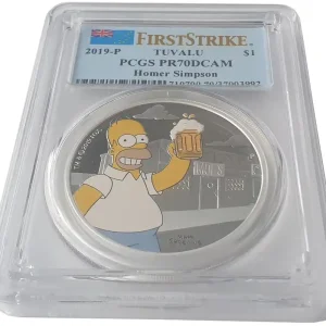 1 Oz Silber Homer Simpson PCGS PR70DCAM First Strike 2019 Farbe Color Tuvalu Polierte Platte Neuheit