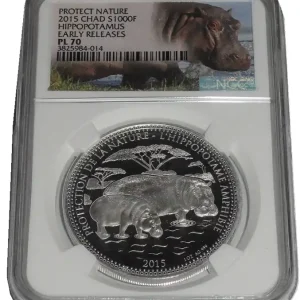 Tschad 1 Oz Silber Nilpferd ( Hippo ) 2015 NGC - PL 70 Sichere Zahlung